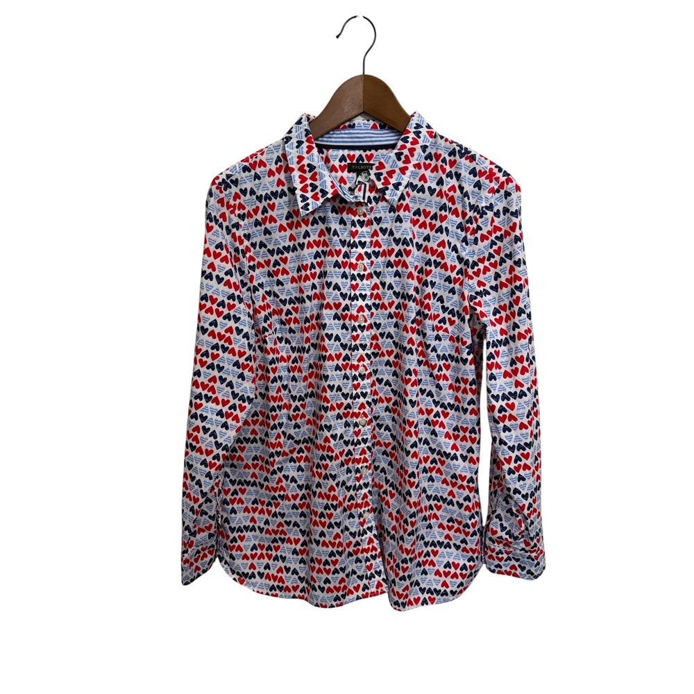 Talbots Womens Multicolor Patriotic Heart Print Large Long Sleeve Cotton Top